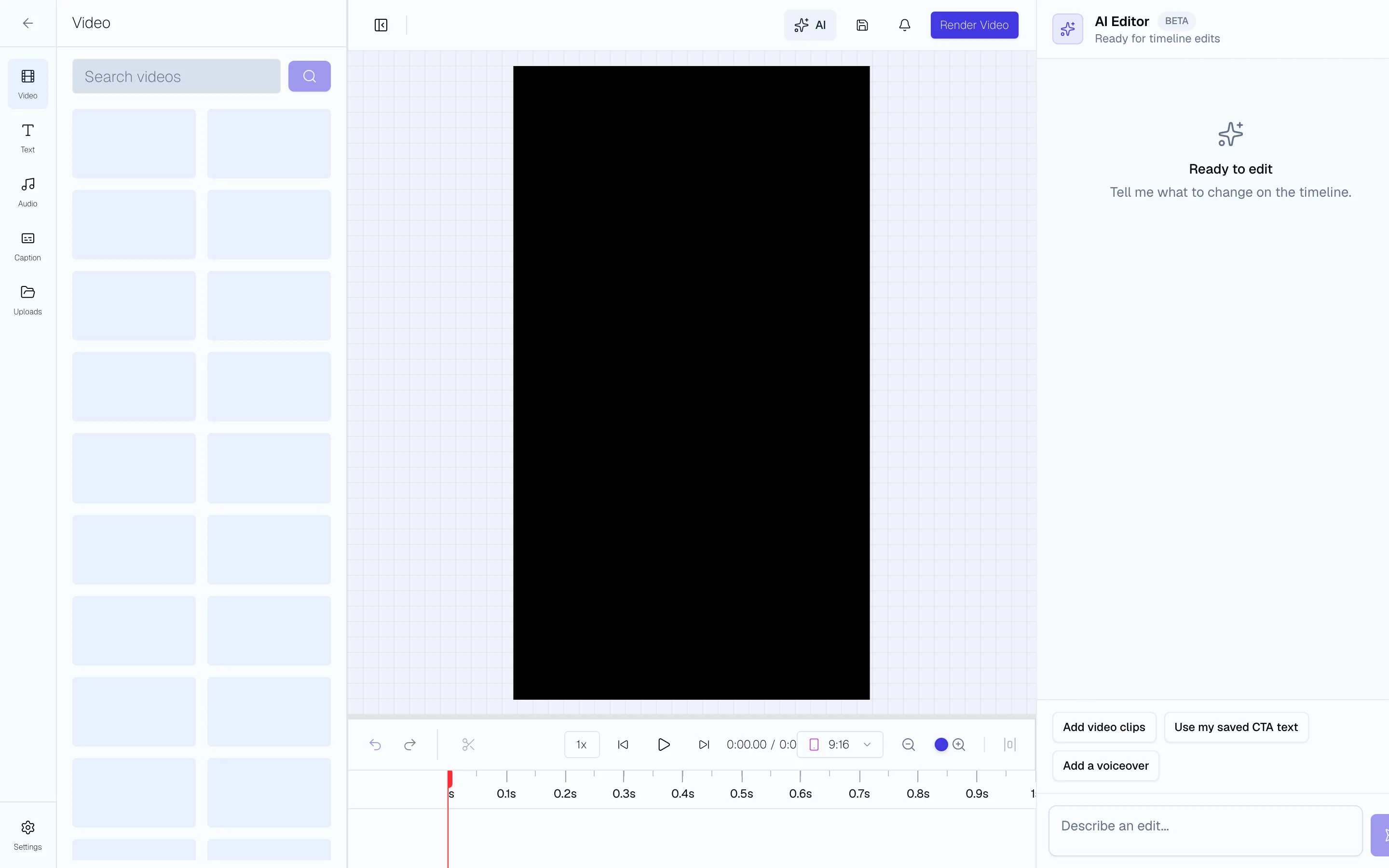 Video Editor with 9:16 canvas, timeline controls, media panel, and AI Editor