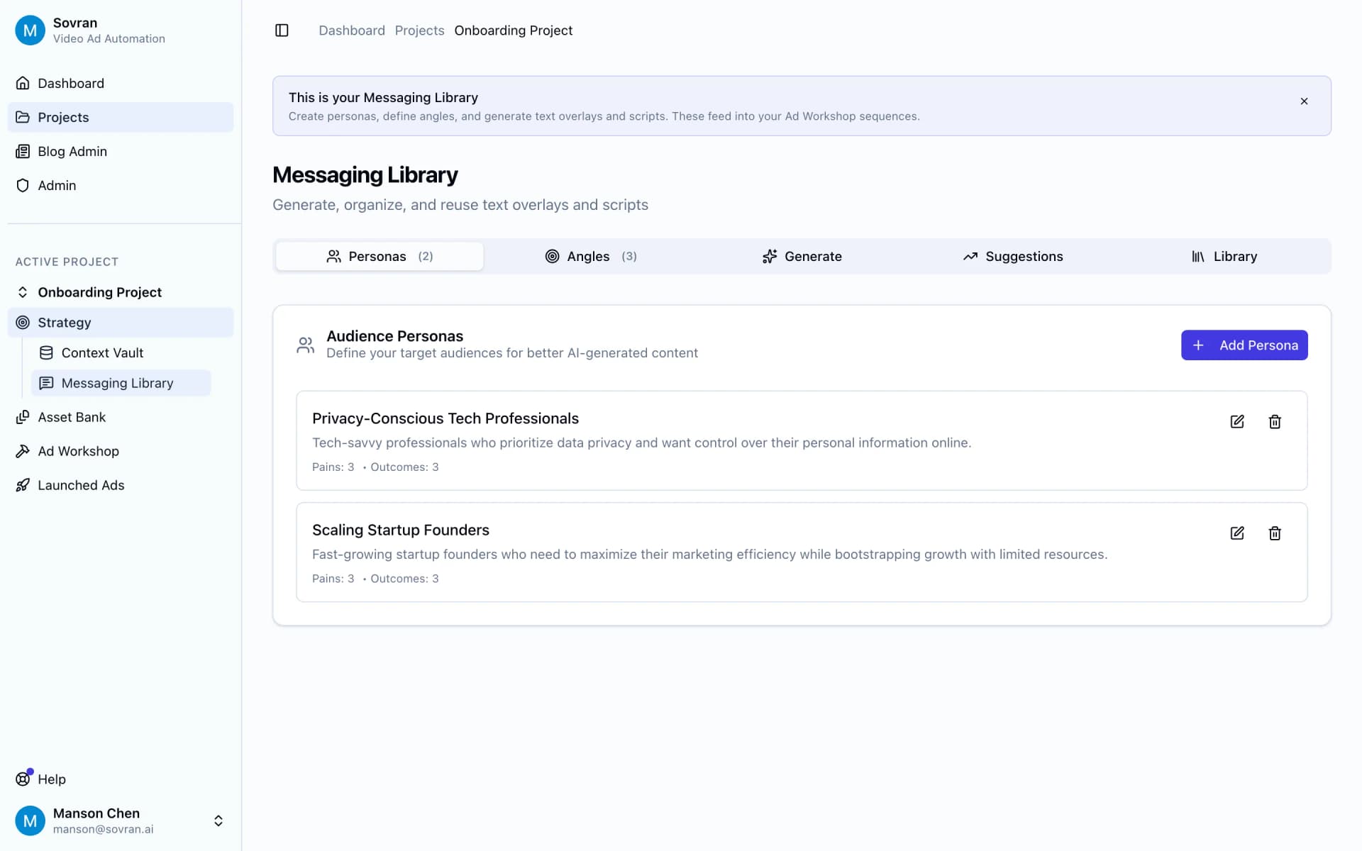 TikTok ad script generator drafting creator-style hooks, hot takes, and CTAs inside Sovran's Messaging Library