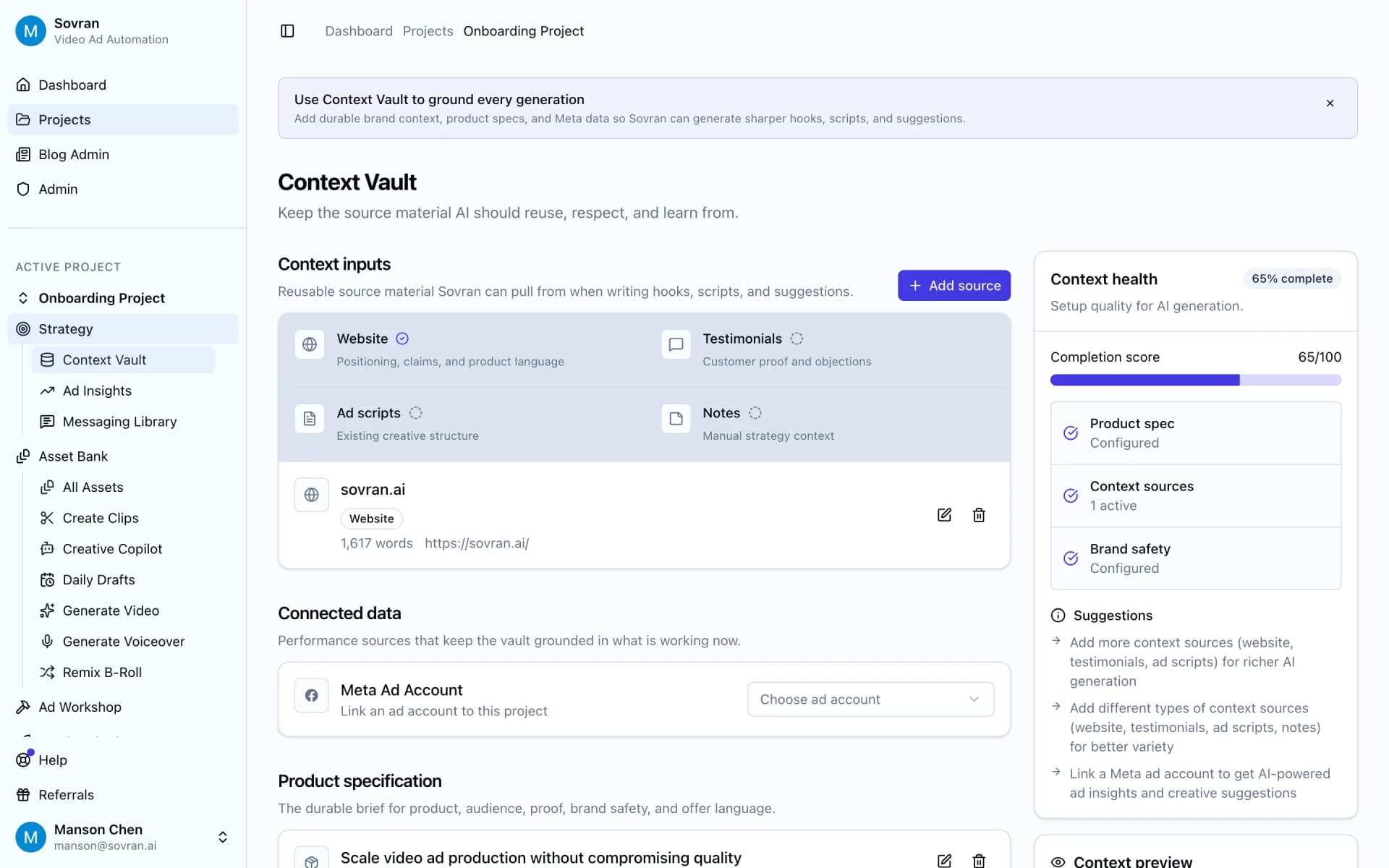 Context Vault with product facts, objections, and approved source cards