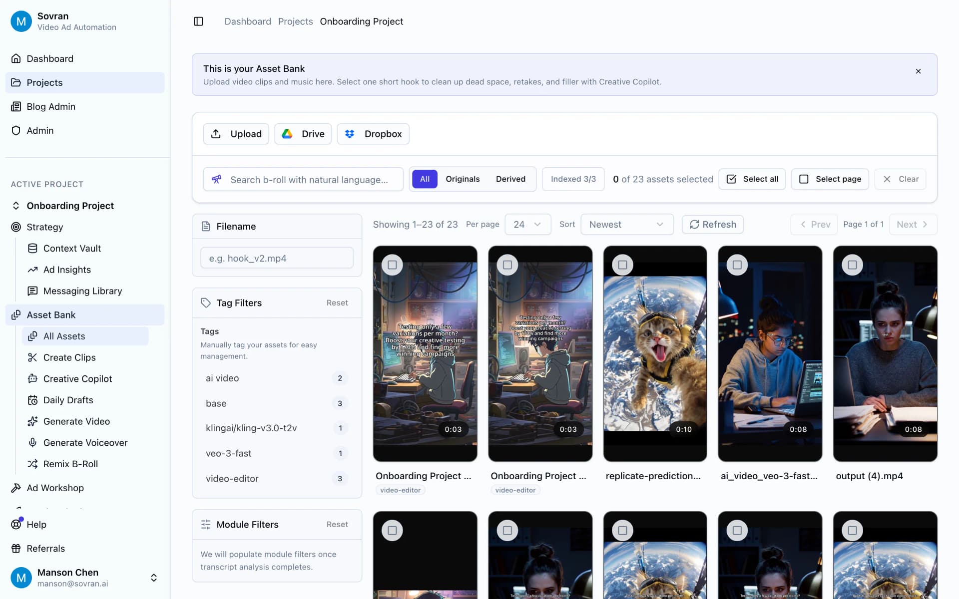 Asset Bank with creator clips filtered by role, product, and offer
