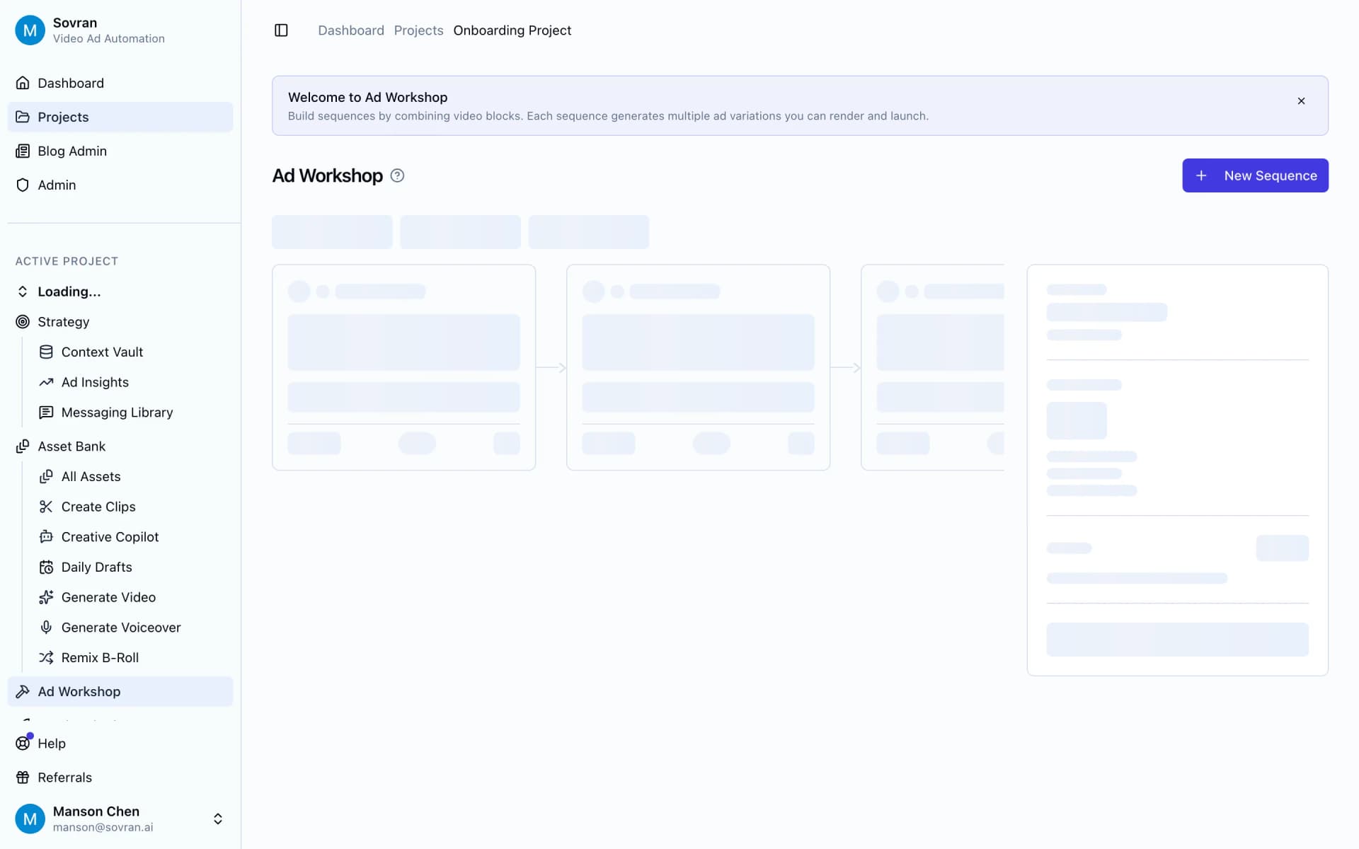 Sovran Variation Builder showing modular creator blocks for tiktok ugc ads