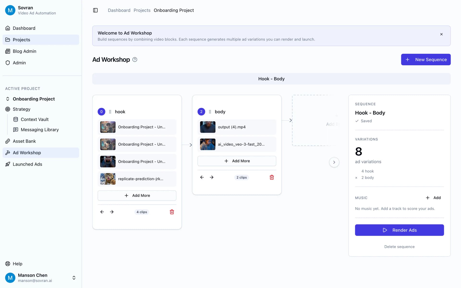 Sovran UGC ad maker showing hook, body, and CTA blocks stacked with tagged UGC clips in Variation Builder