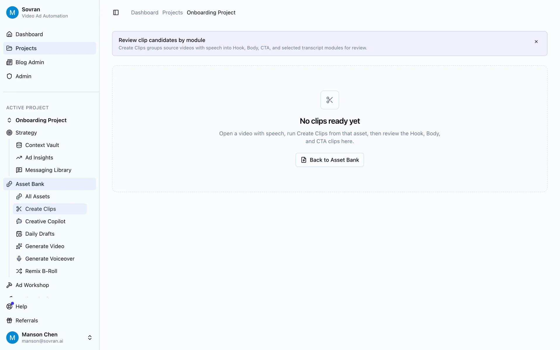 Create Clips queue for reviewing hook, body, and CTA moments