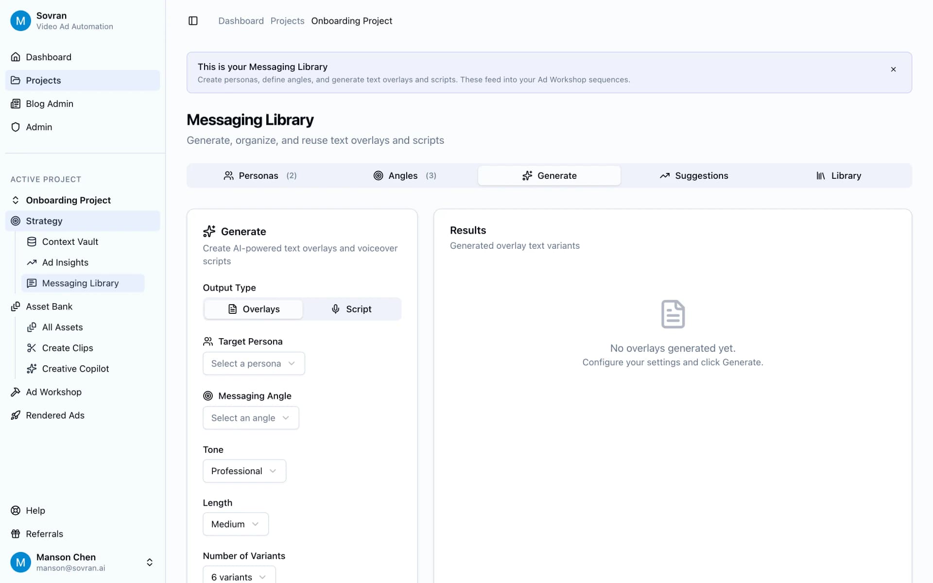 Messaging Library generate tab with overlay and script controls