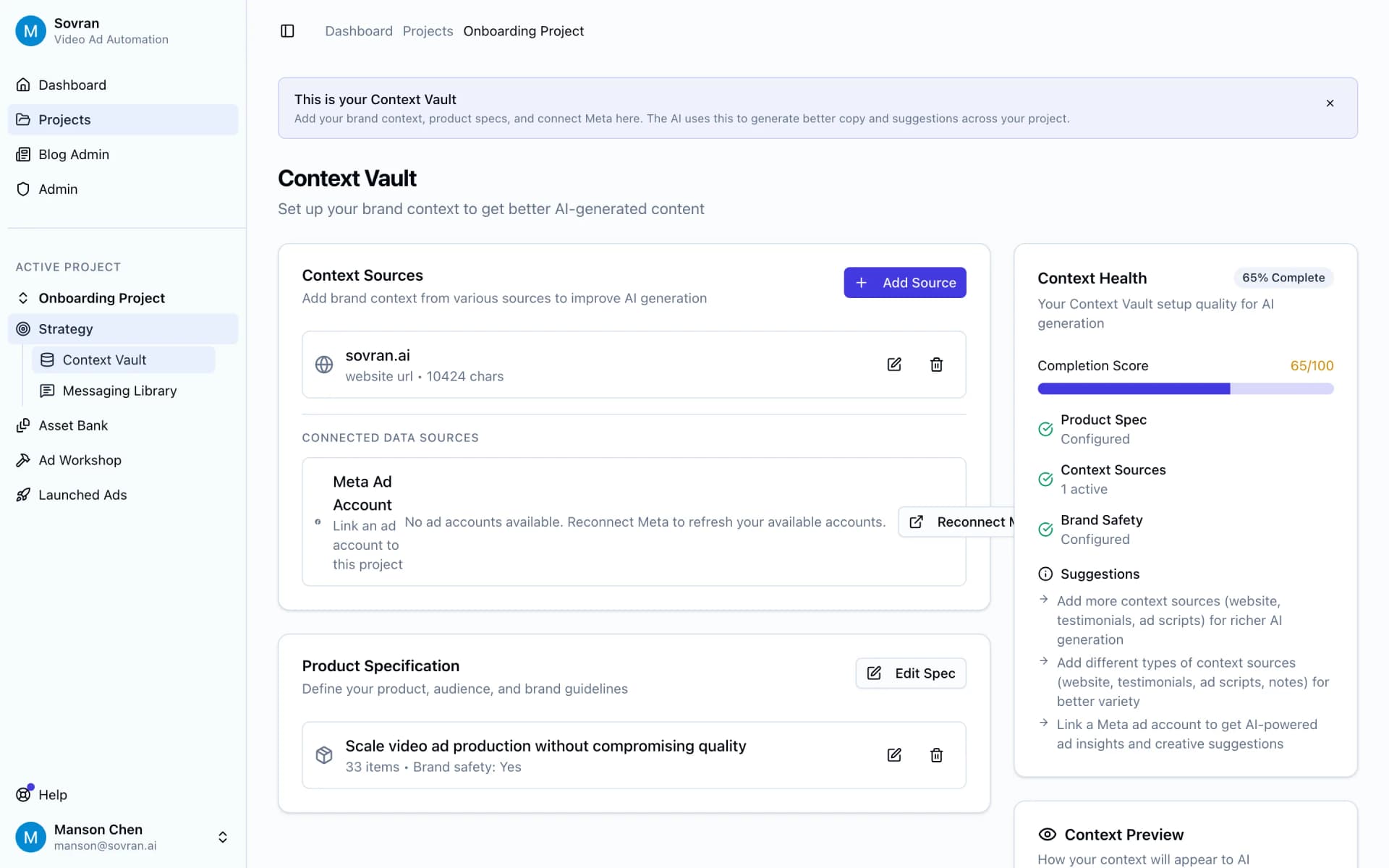 Context Vault with buyer objections mapped to saved proof lines