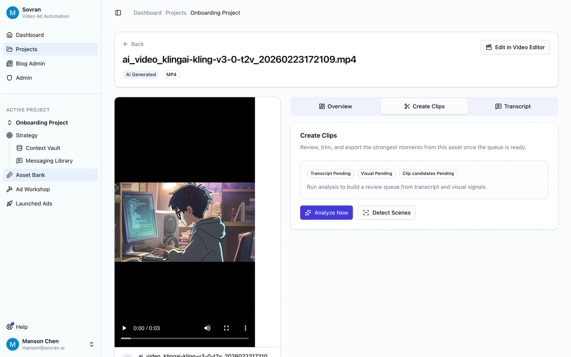Clip creation view with selected hook lines from a transcript