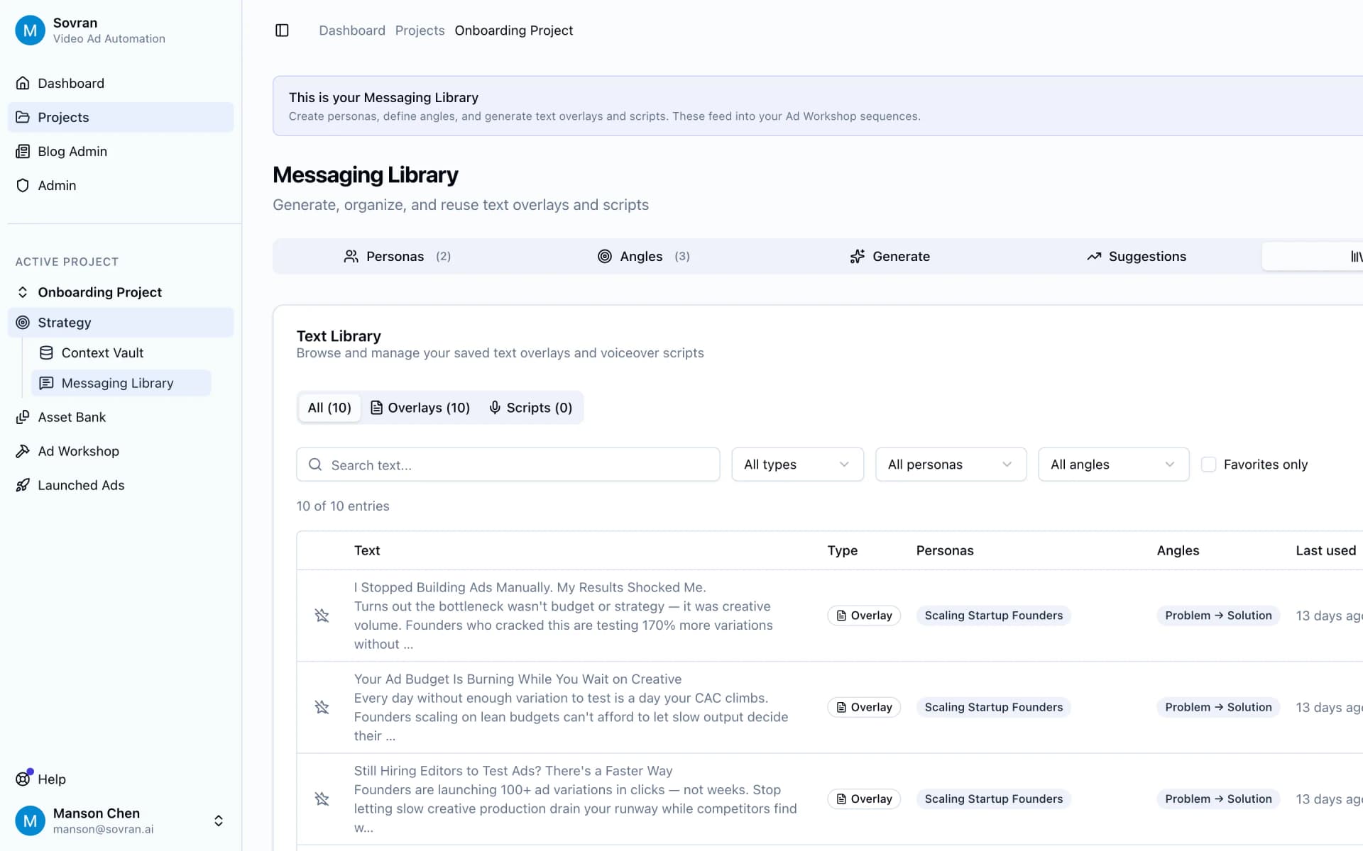 Video transcript to ad script workflow in Sovran with proof lines organized for ads