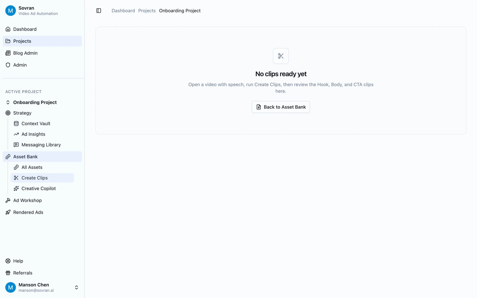 Create Clips empty state prompting review of Hook, Body, and CTA clips