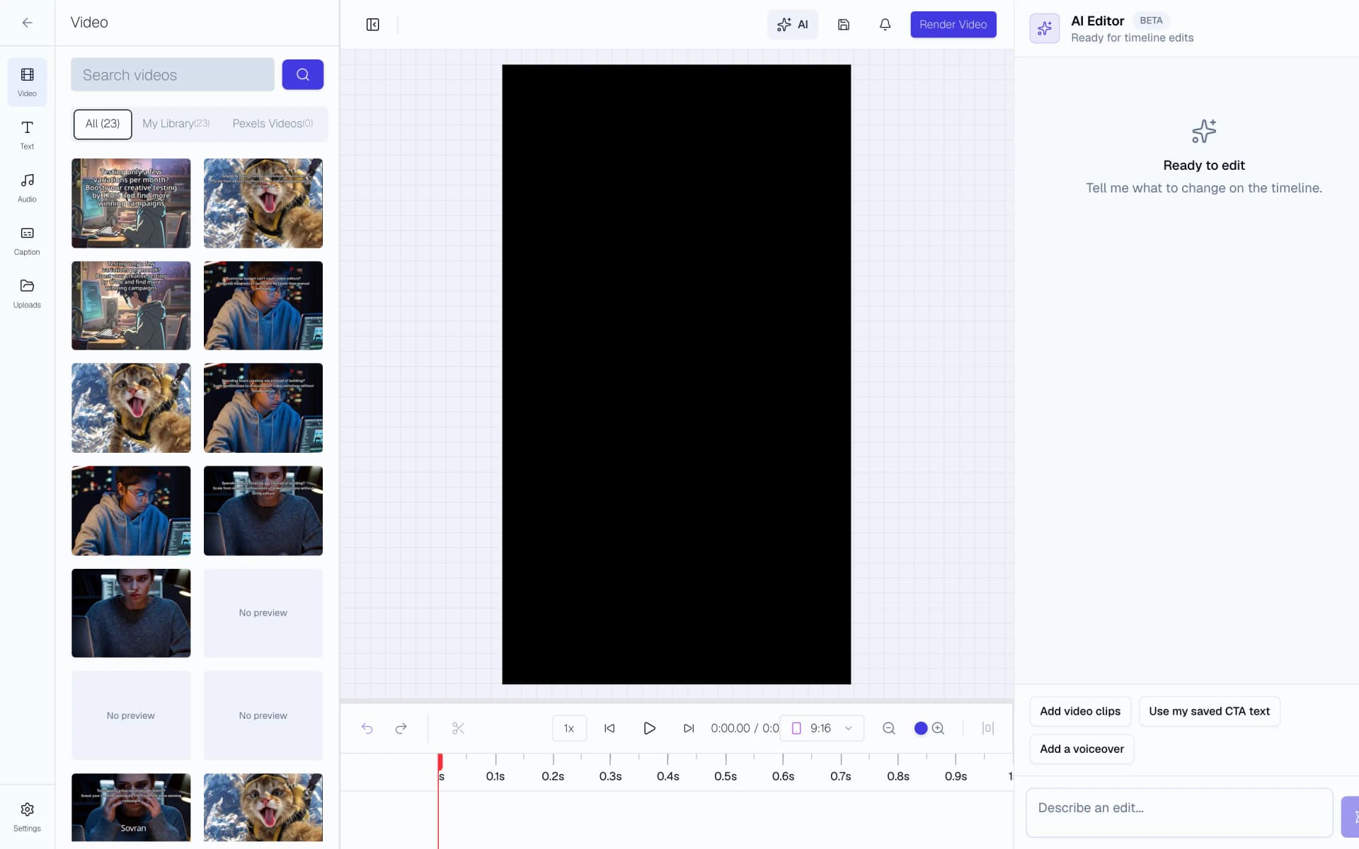 Video Editor with vertical canvas, timeline, and format selector