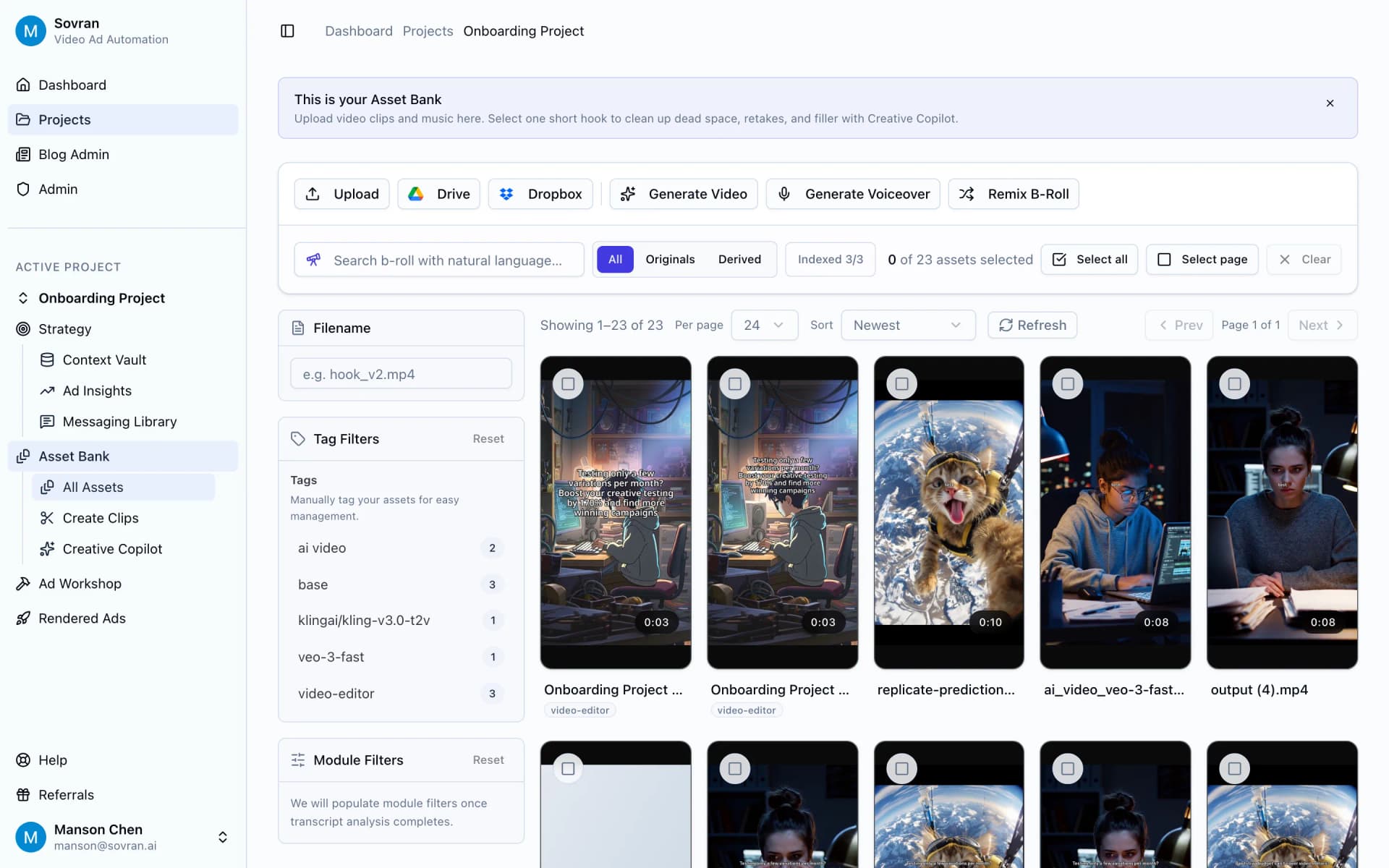 Asset Bank grid with reusable clips and tag filters for source footage