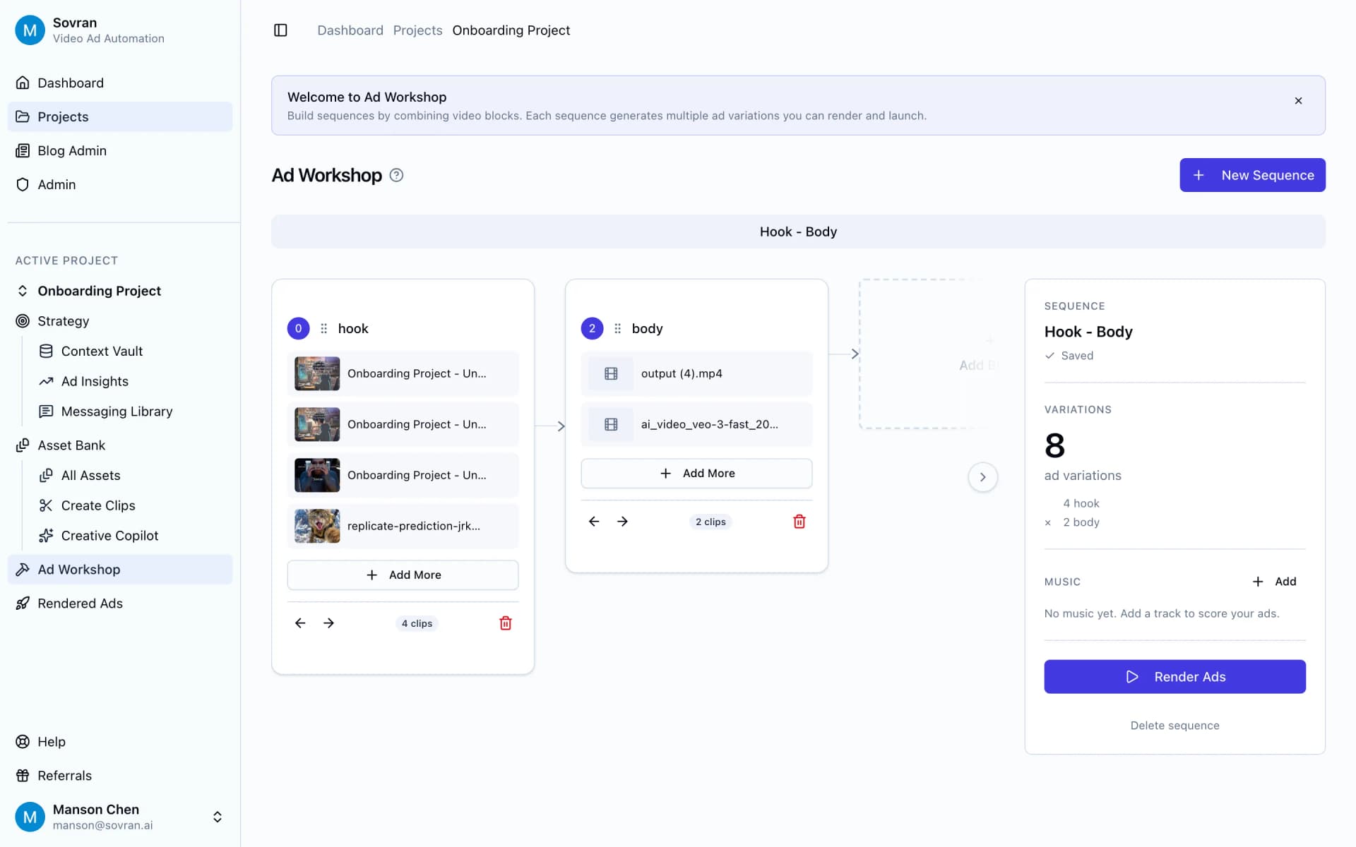 Sovran Variation Builder set up for YouTube ad testing with hook and body blocks