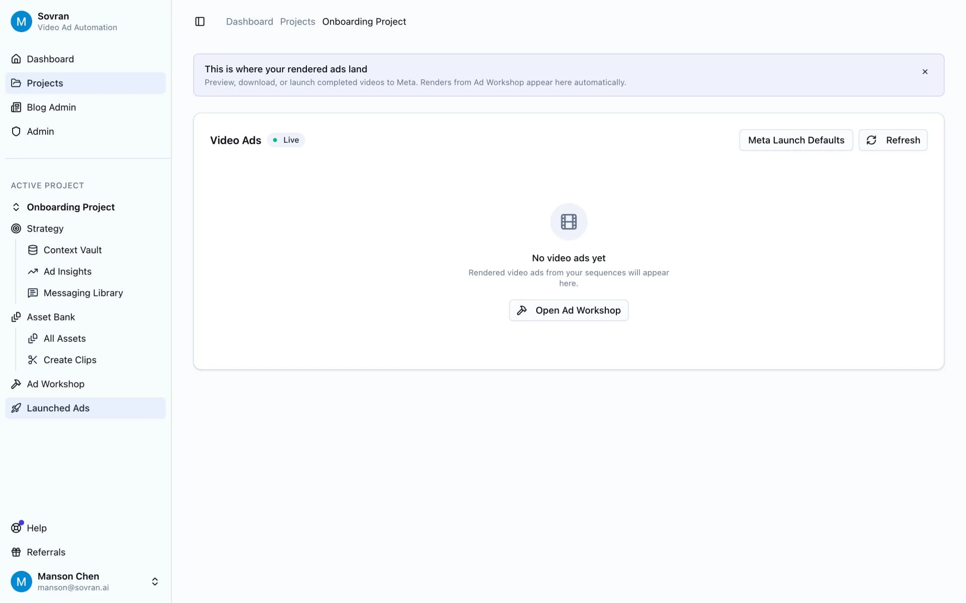 Ad Library with finished video ad variations ready for review before launch