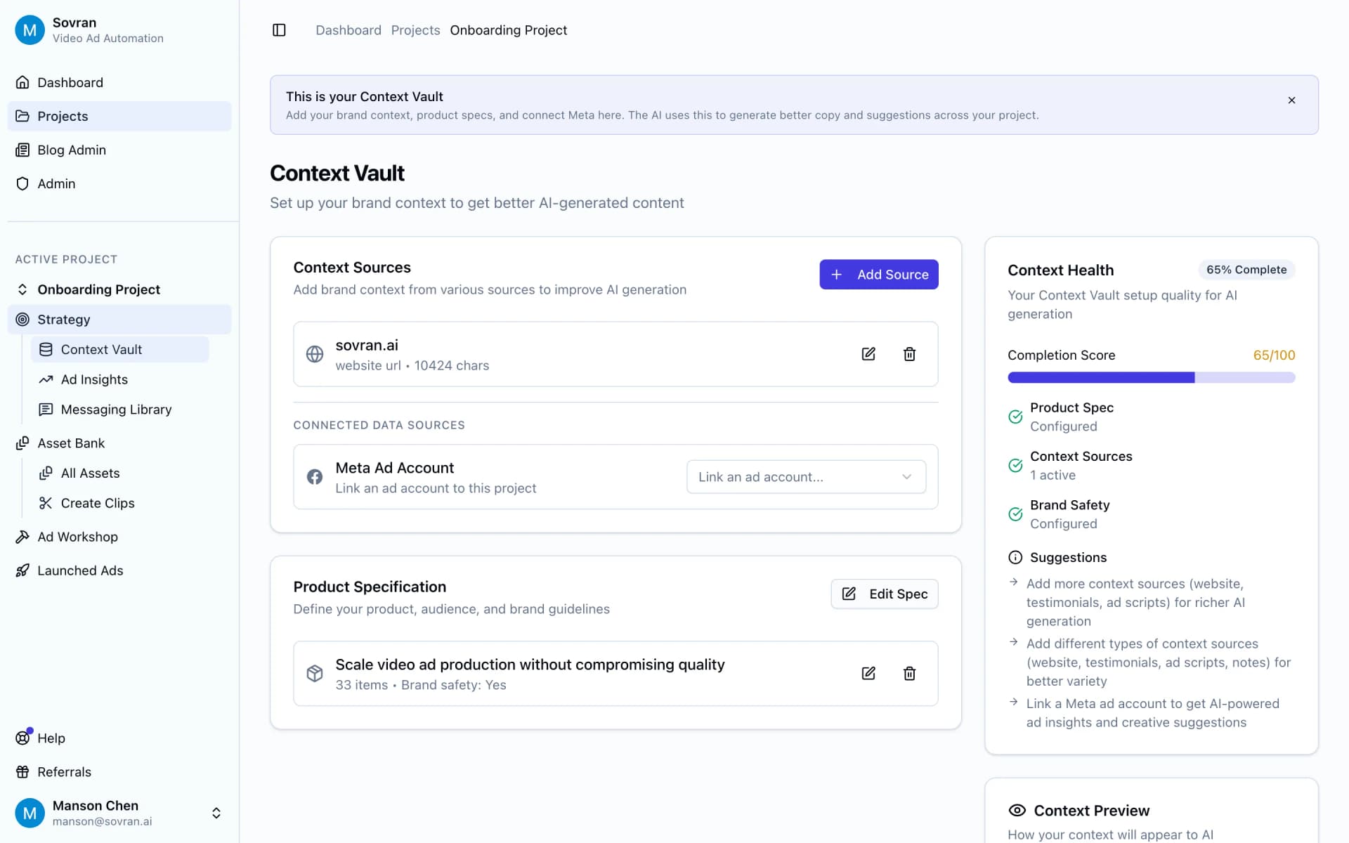 Context Vault with brand offer, claims, and proof notes open for ad planning