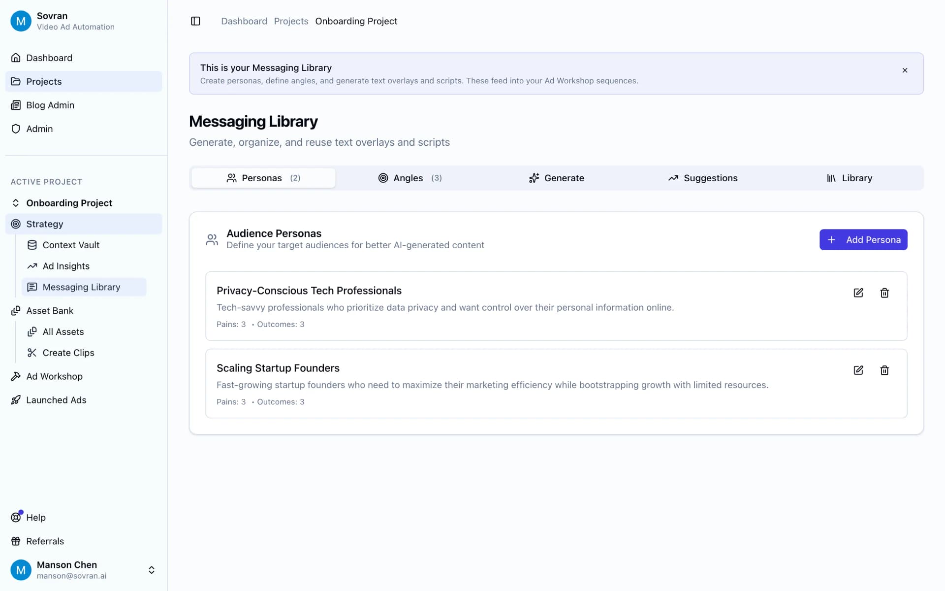 Messaging Library with saved hooks, offers, and calls-to-action for new angles