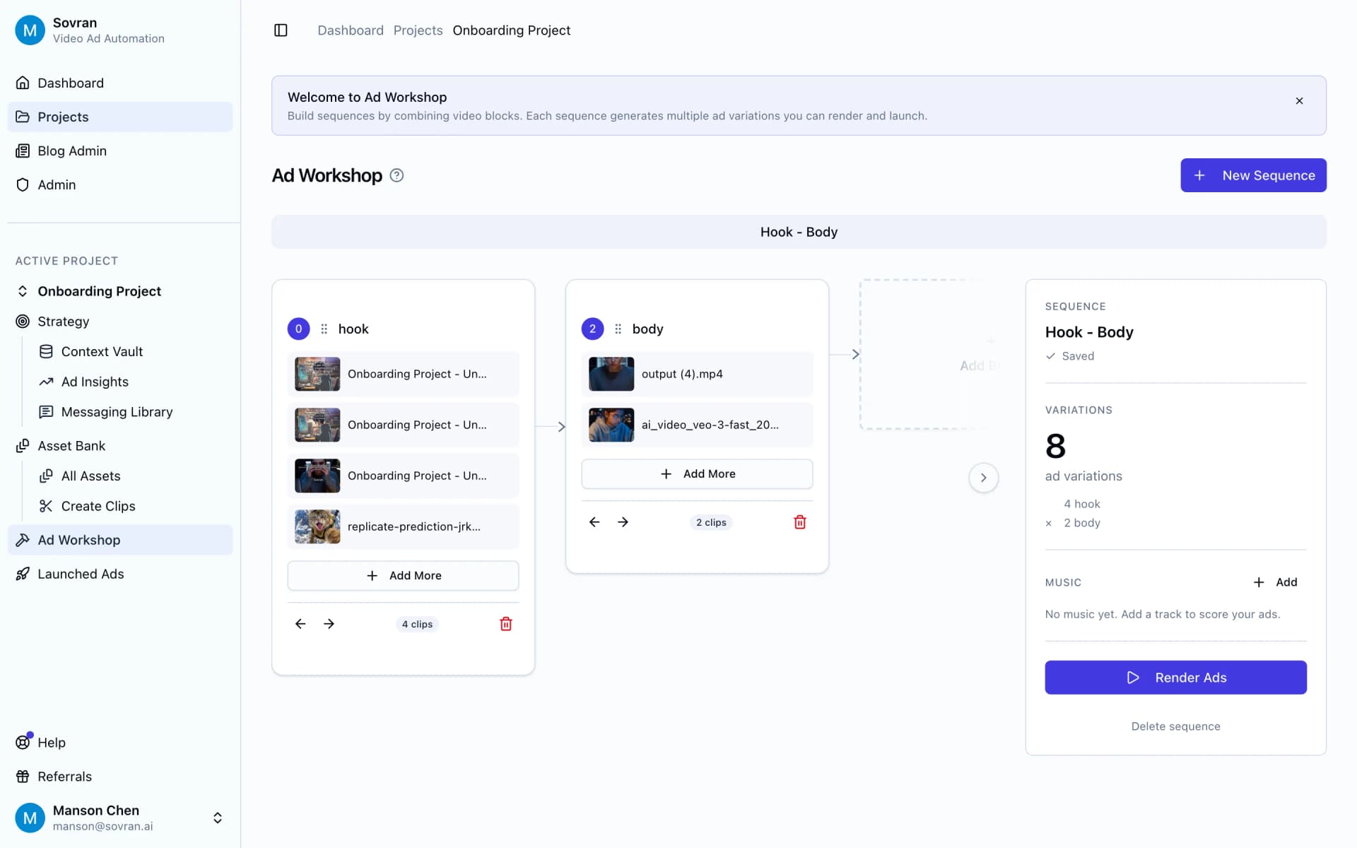 YouTube video ad maker workflow in Sovran's Variation Builder with hook, body, and CTA blocks
