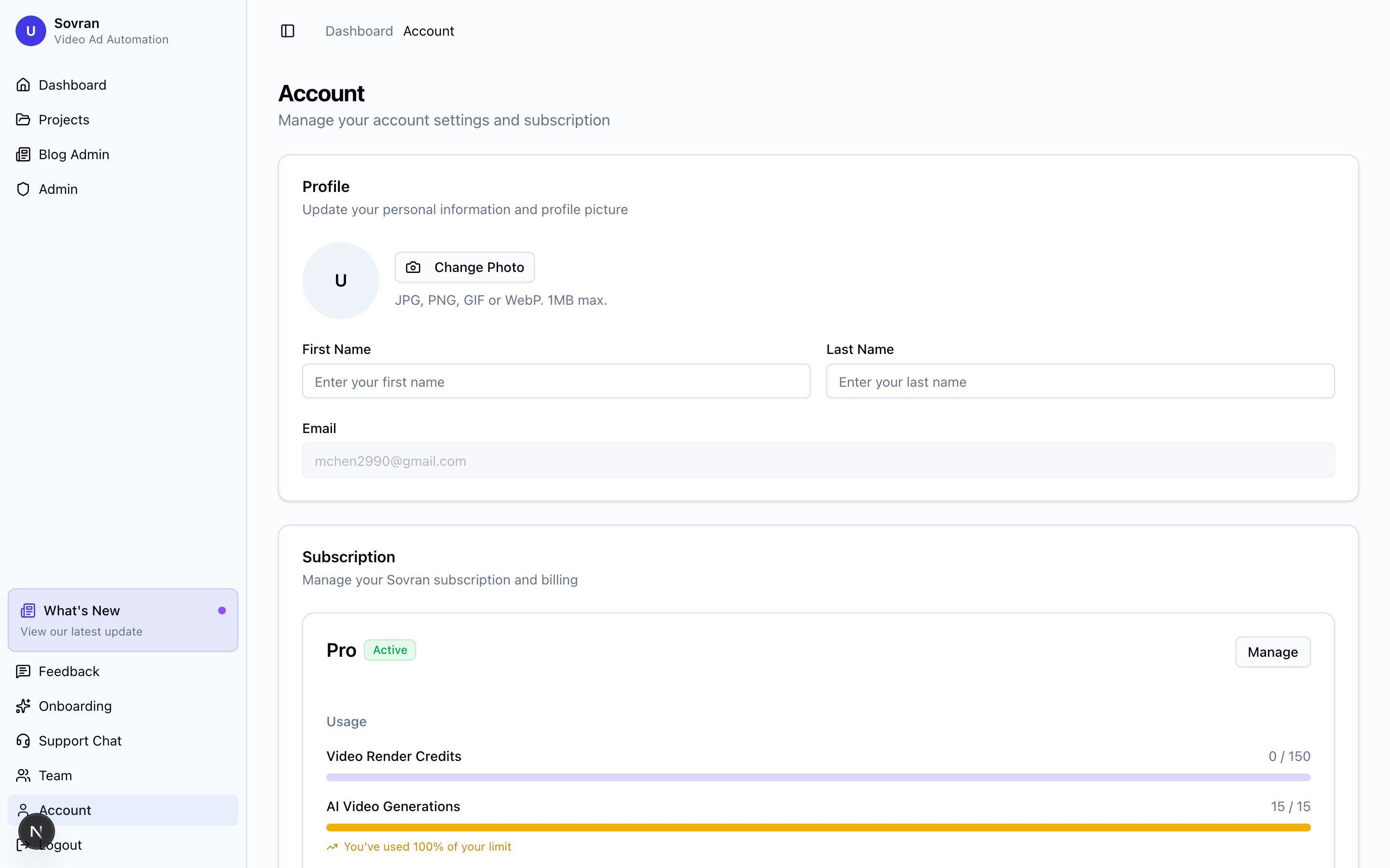 Account settings with subscription management