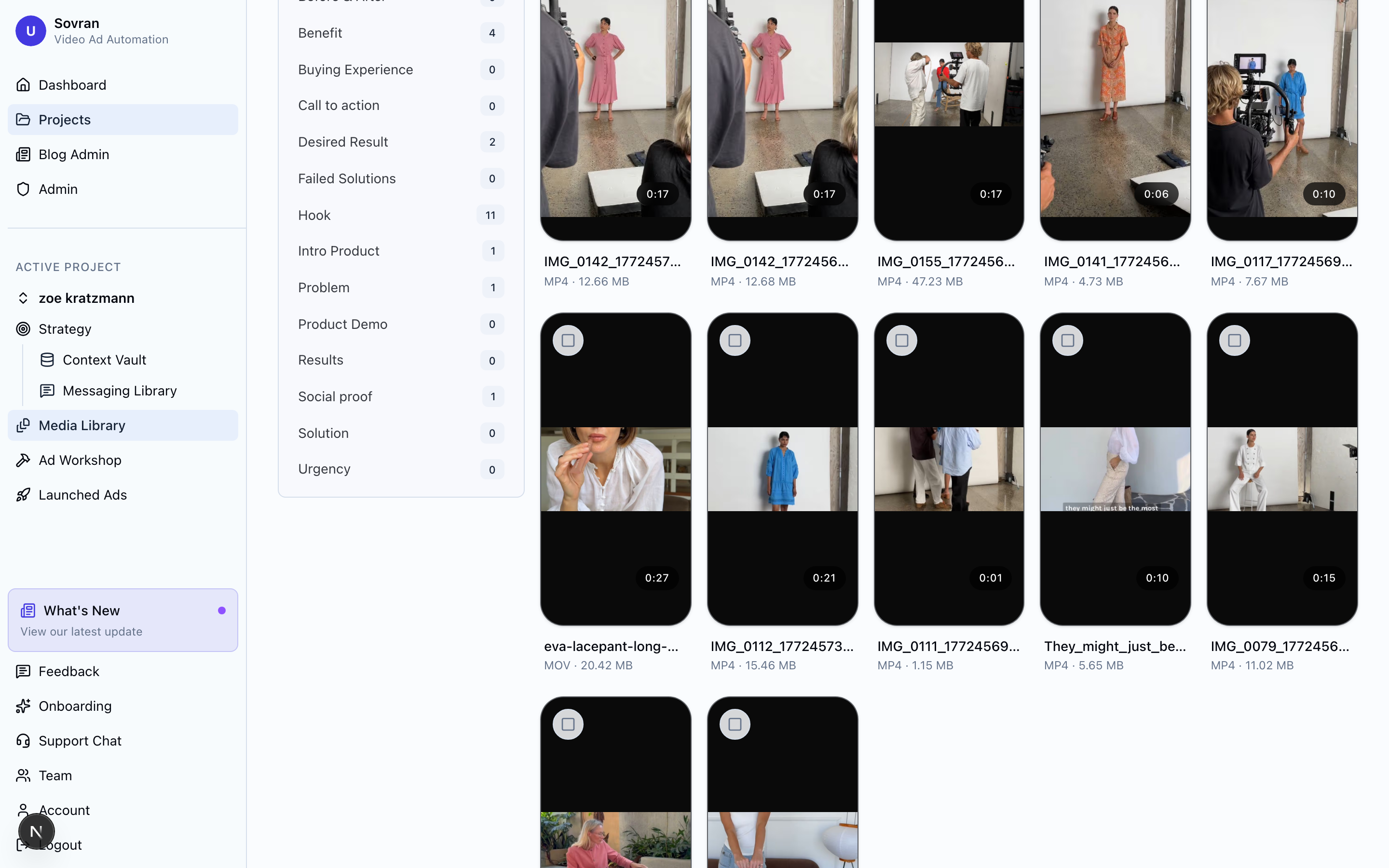 Asset library showing video files