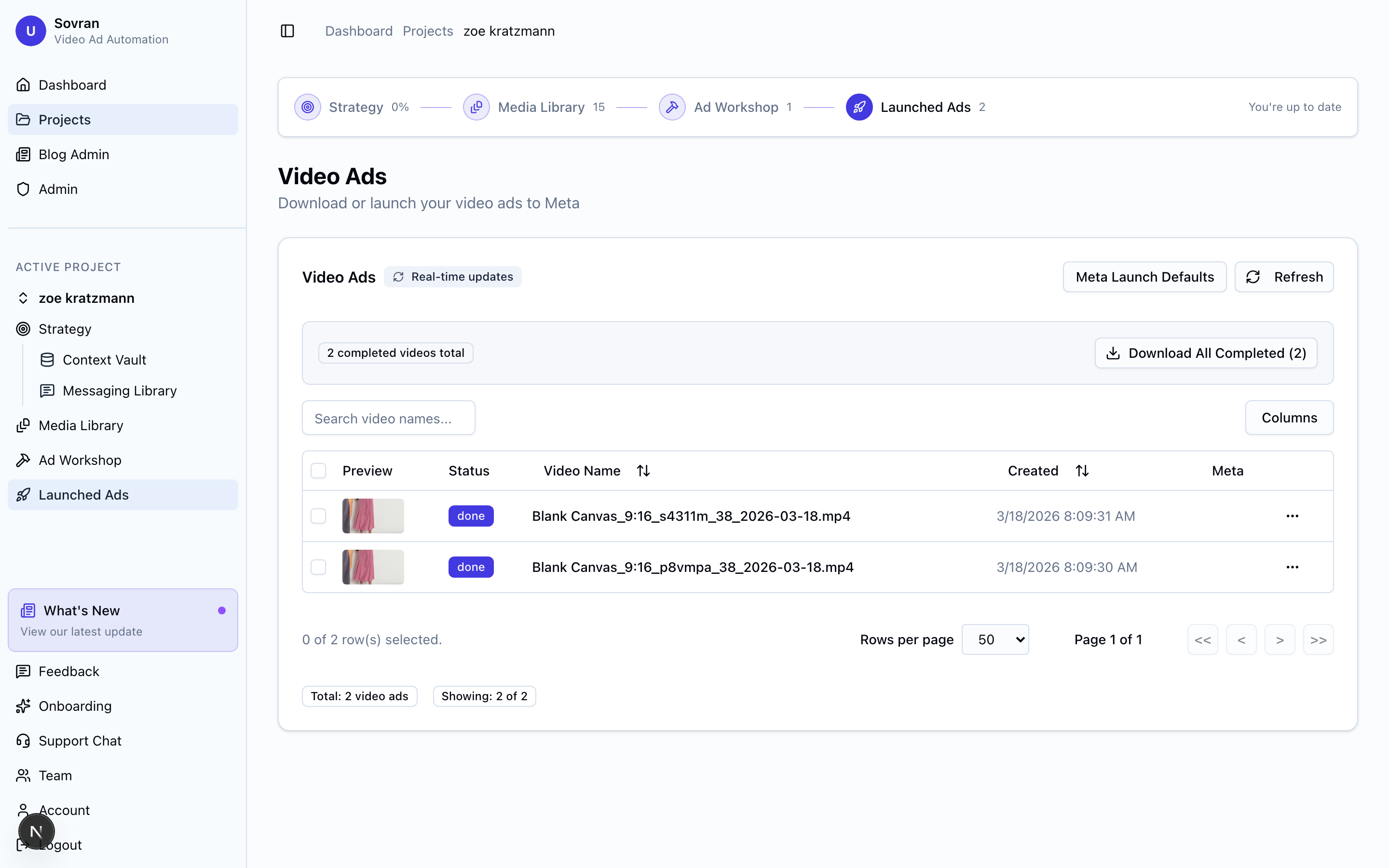 Rendered video ads with status