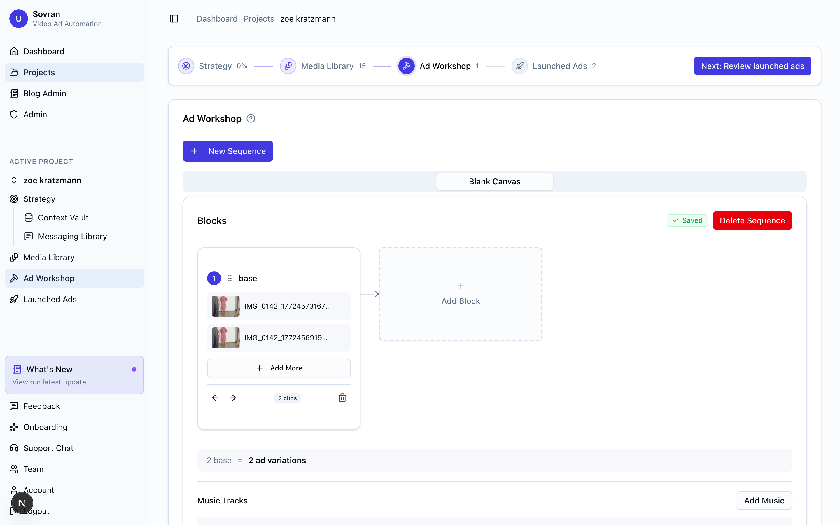 Sequence builder with blocks and assets