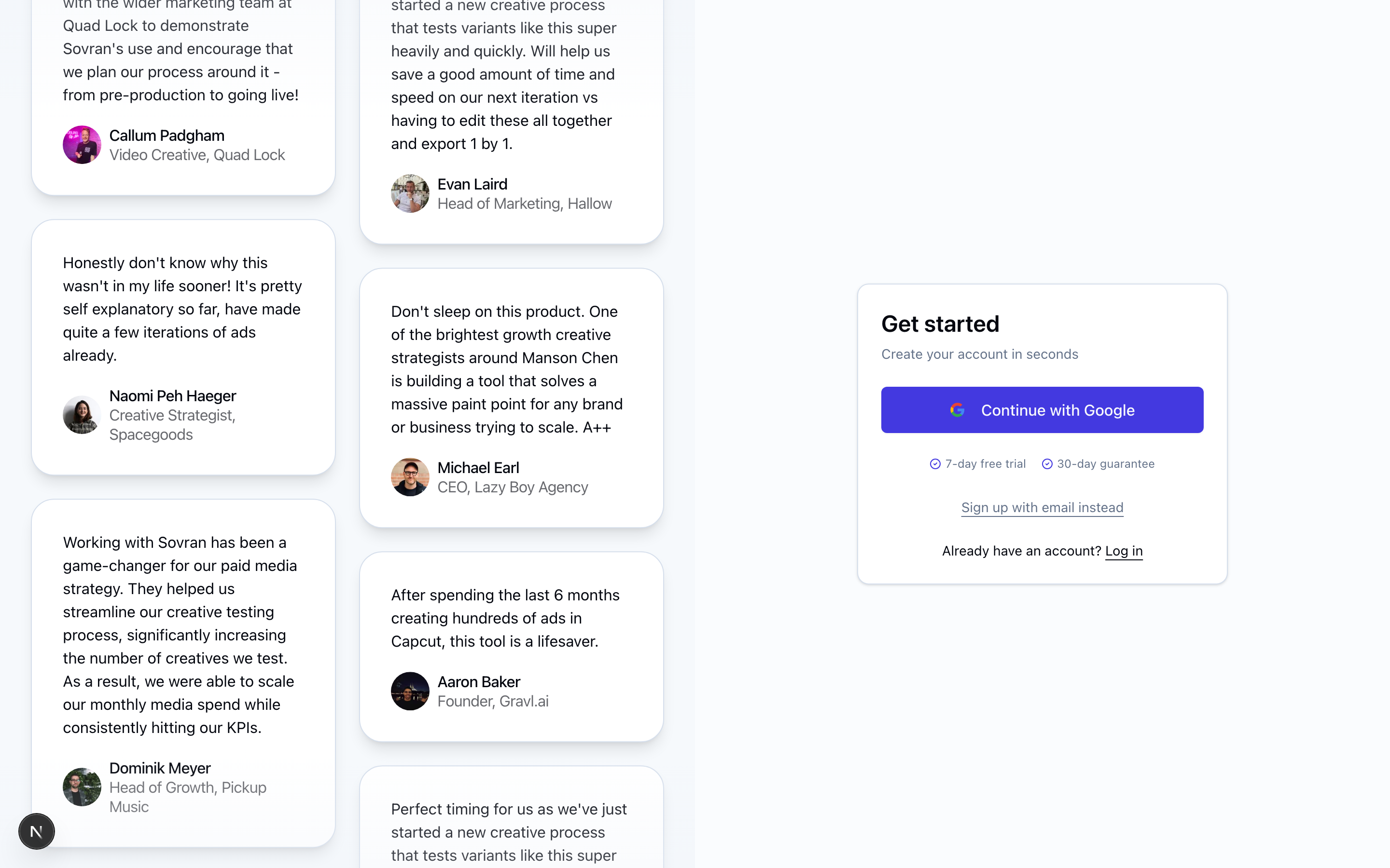 Sovran sign-up page
