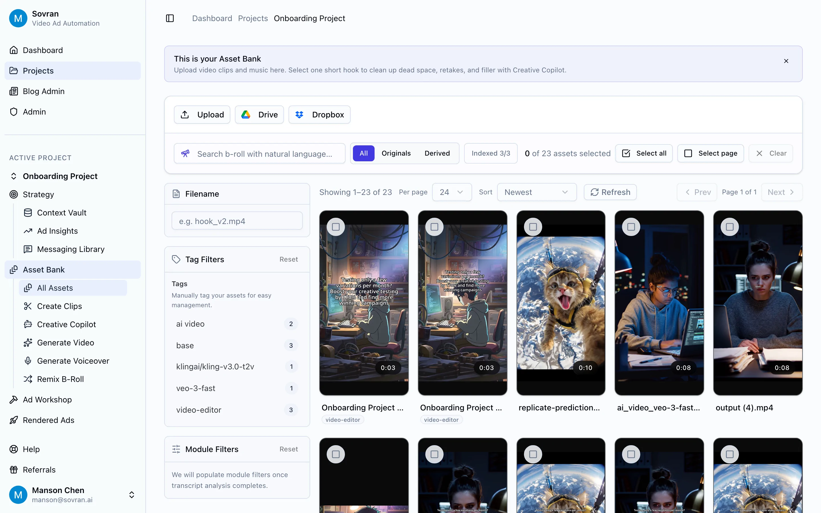 Asset Bank with reusable video assets, search, filters, and upload controls