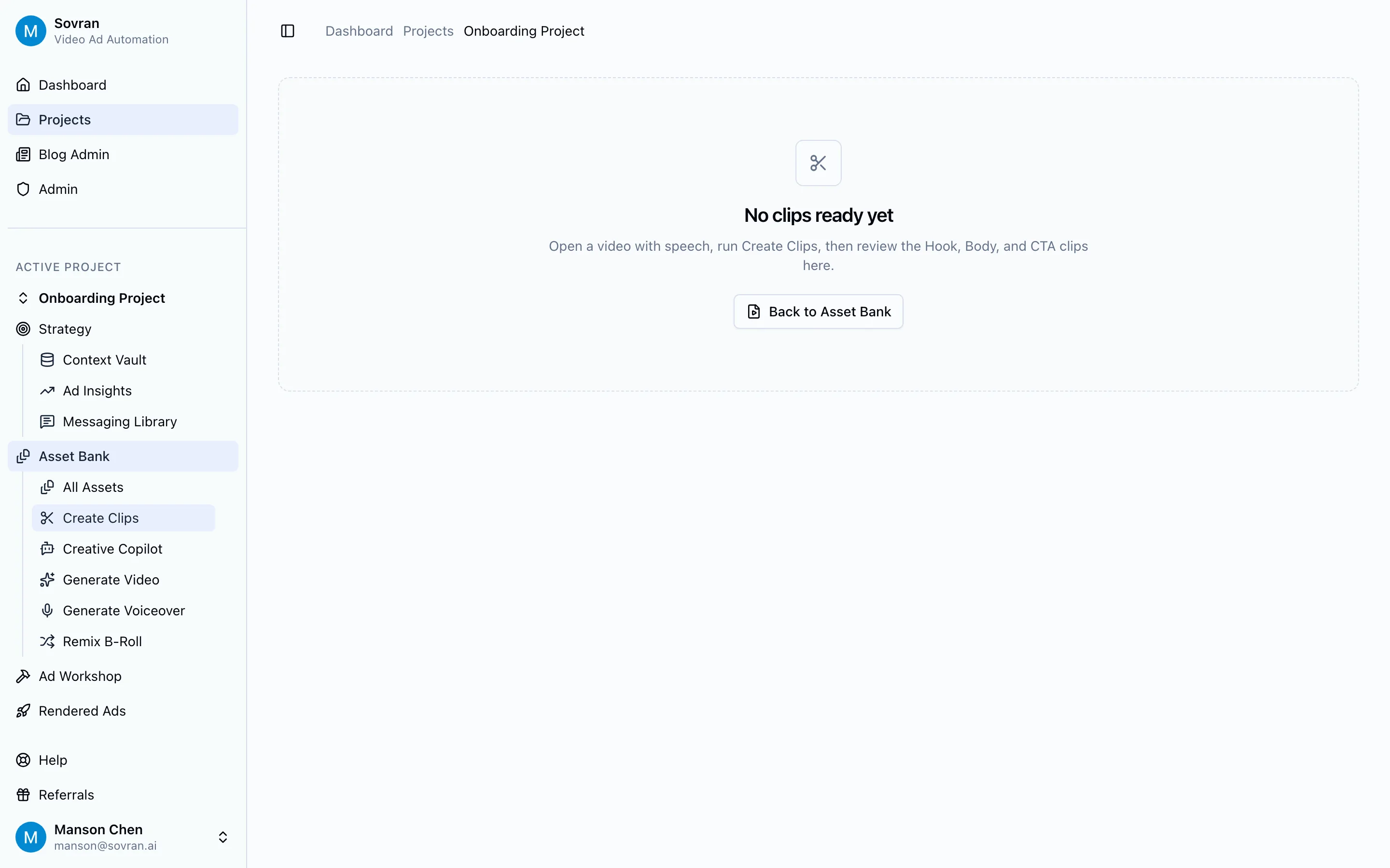 Create Clips queue with hook, body, and CTA review columns for source videos