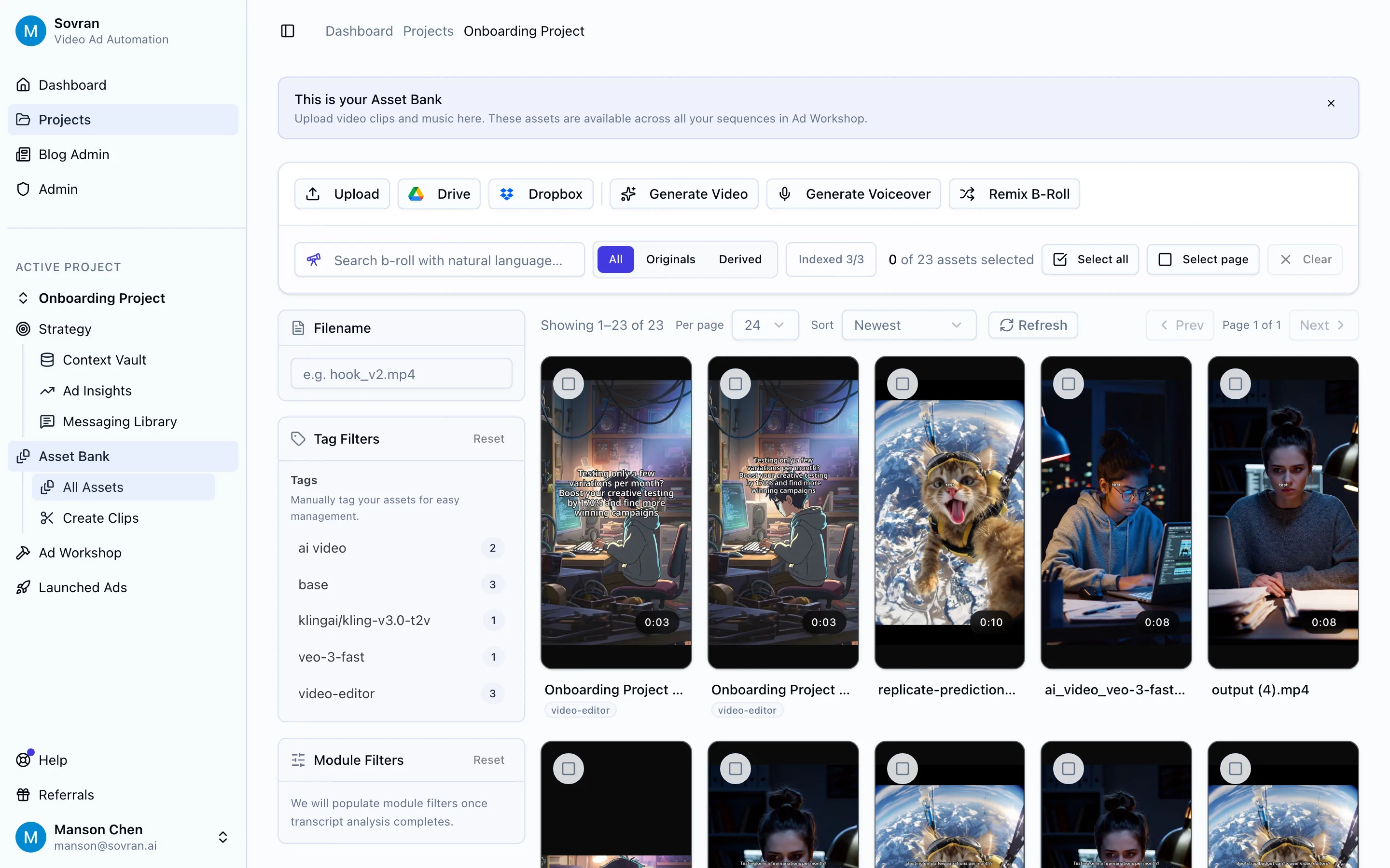 Asset Bank with reusable video assets, search, filters, and upload controls