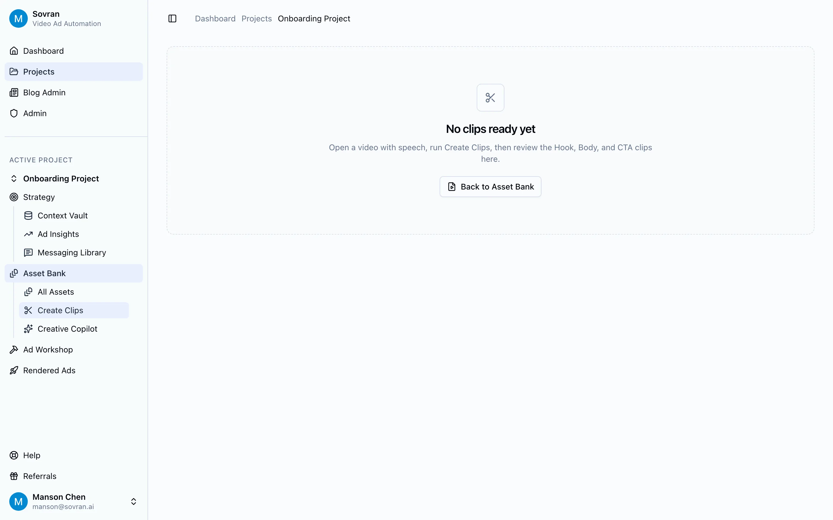 Create Clips queue with hook, body, and CTA review columns for source videos